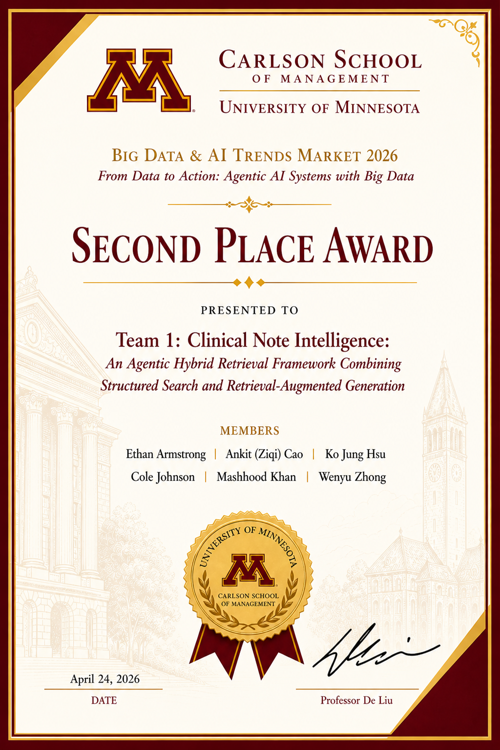 Team 1 - Clinical Note Intelligence: An Agentic Hybrid Retrieval Framework Combining Structured Search and Retrieval-Augmented Generation